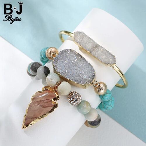 BOJIU 3pcs/Set womens Jewelry Laddys Beaded Bracelet Leaves Pendant With Natural stone Womens gift BCSET36