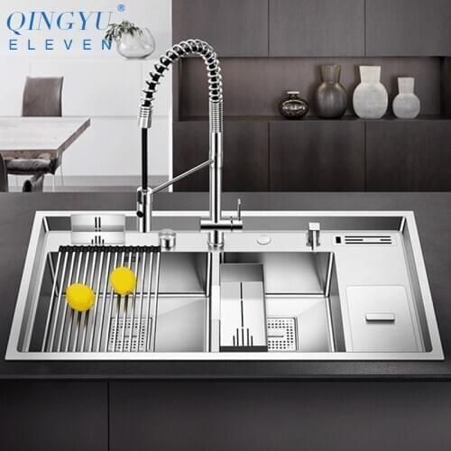 Large Size Double kitchen Sink 304 Stainless Steel 4mm Thickness Handmade Brushed Three Kitchen Sink With Trash Can