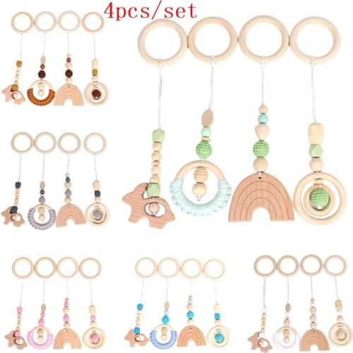 Baby Play Gym Frame Wooden Beech Activity Gym Frame Stroller Hanging Pendants Toys Teether Ring Nursing Rattle Toys Room Decor