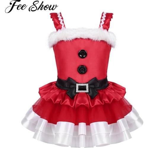 Infant Baby Christmas Santa Claus Dress Outfit Toddler Girls Ruffled Shoulder Straps Faux Fur Bowknot Mesh Tutu Dress