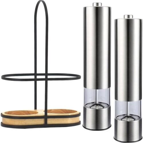 Electric Pepper Mill Grinder Set Stainless Steel Spice Grain Seasoning Grinder with Stand for Cooking Kitchen BBQ Tool