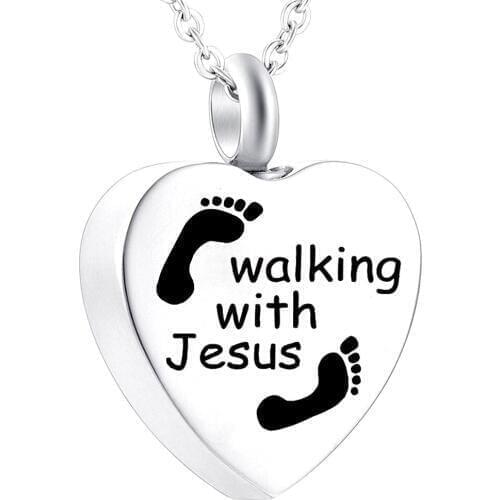 Christian Jesus Scripture Heart Necklace for Ashes Stainless Steel Prayer Pendant For Women Men - Walking with Jesus