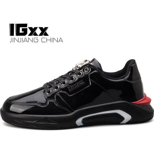 IGxx Men Shoes For Men Utility Men Leather Skateboarding Shoes Pompom Sneakers Men Metal Shoes Running Casual Black