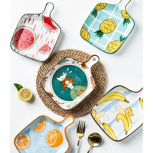 Ceramic Glaze Baking Pan With Handle Fruit Pattern Dinnerware Salad Plate High Temperature Non-Slip Baking Tray