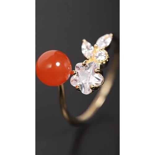 DAIMI 6-7mm Persimmon Red Agate Ring Natural Gemstones 925 Sterling Silver Open Ring For Mother