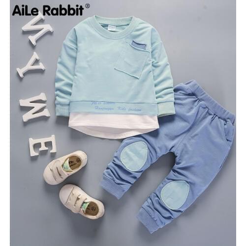 AiLe Rabbit 2019 childrens clothes set Boys Girls Spring Autumn Long Sleeve Top Pants 2 Piece Set Pocket Decoration 3 color