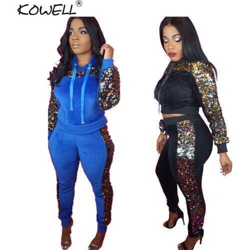 Colorful Sequins Patchwork Skinny Velvet Women Tracksuit Long Sleeve Hooded Sweatshirts Top + Fitness Pants Casual 2 Piece Set