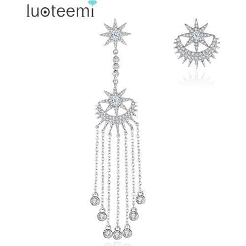 LUOTEEMI Creative Asymmetrical Moon&Star Long Dangle Drop Earrings for Women Girls Party Wedding Bling Clear CZ Fashion Jewelry