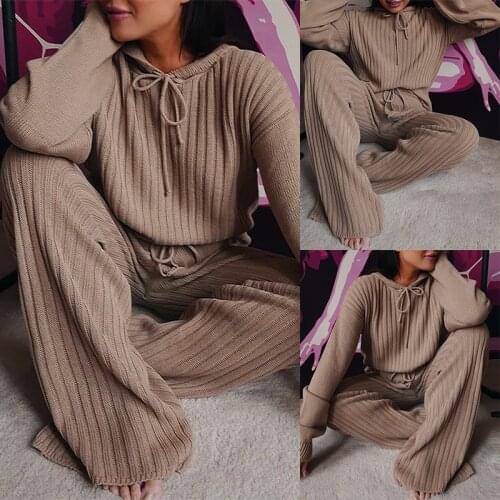 Summer Knitted Sweat Suits Women Matching Sets Long Sleeve Hoodie+wide-legged Pants Loungewear Sweater Set Two Piece Outfits y2k