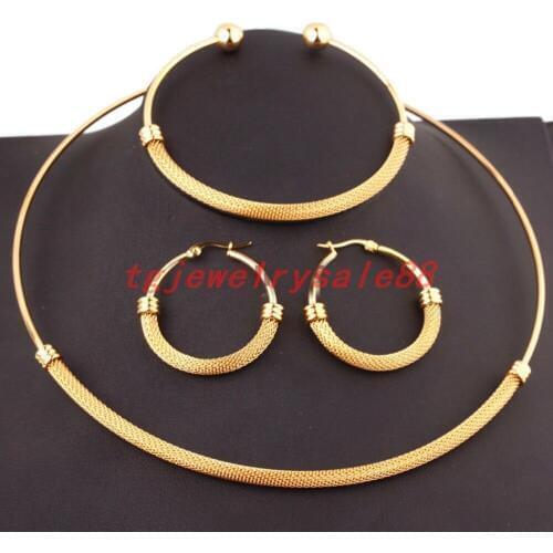Top Hot Sale Loveliness Womens Girls Stainless Steel Choker Collar Necklace Bracelet Earrings Jewelry Sets Gold Color
