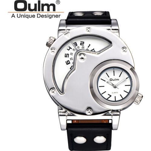 Oulm Silver HP9591 Casual Watches Men Quartz Two Time Zone Watch Male Fashion PU Leather Luxury Brand Wristwatch