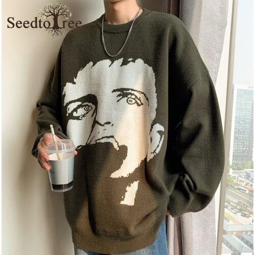 Mens Sweater Korean Ins Character Printing Pattern Sweater Loose Lazy Round Neck Couple Outfit Pullover