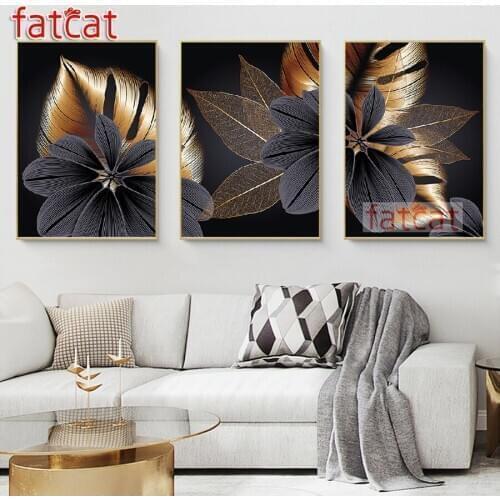 FATCAT Abstract Black Golden Plant Leaf diy 5d diamond painting full square round mosaic embroidery sale triptych kits AE2576