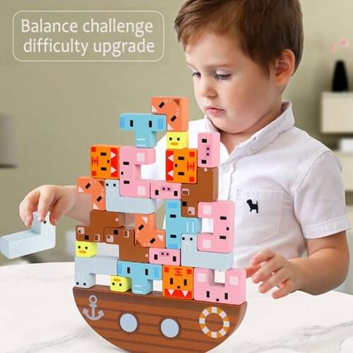 Montessori Animal Balance Blocks Board Games Wooden Cats And Elephants Educational Stacking High Building Block Childrens Toys
