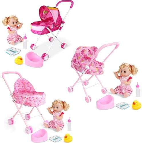 Cute Baby Stroller Trolley Doll for Toddler Pretend Play Toy Pram Pushchair Gift