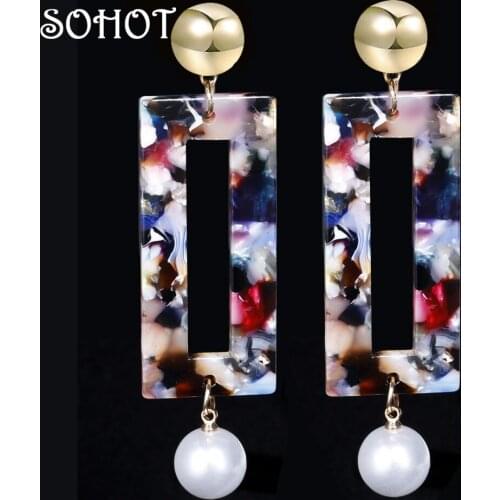 SOHOT Vintage Boho Style Long Square Acrylic Women Drop Earrings Colorful Acetic Acid Jewelry Chic Imitation Pearl Bijoux Gift