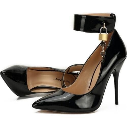 Cross Dresser Sexy Stiletto Plus:40-46 Pad Lock Zapatos Mujer Pointed Toe Ankle Strap Shoes Women 12cm Metal Thin Heels Pumps