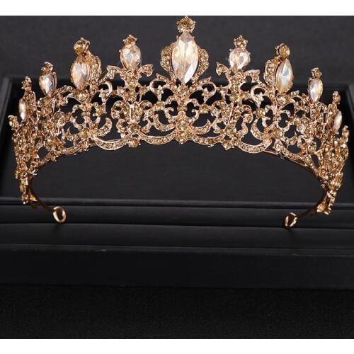 Fashion Champagne Gold Color Crowns Wedding Hair Accessories Luxury Queen Princess Tiara Diadems Women Hair Jewelry Bride Party