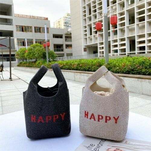 New Design Rhinestone Crystal Handbag Attractive Luxury Clutch Evening Bags Handmade Happy Letter Diamond Women Bucket Purses