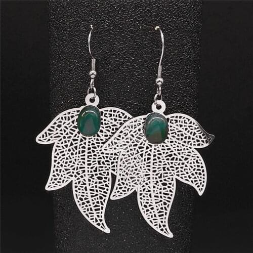 Bohemian Maple Leaf Stainless Steel Stone Drop Earrings Women Silver Color Big Earring Boho Jewelry bijoux femme E8002S04