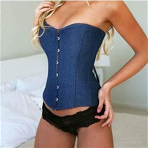 Sexy Deep Blue Denim Corset With Lace Thong Women Overbust Waist Cincher Bustier Buckle Corsets Jeans Corselet Top Streetwear