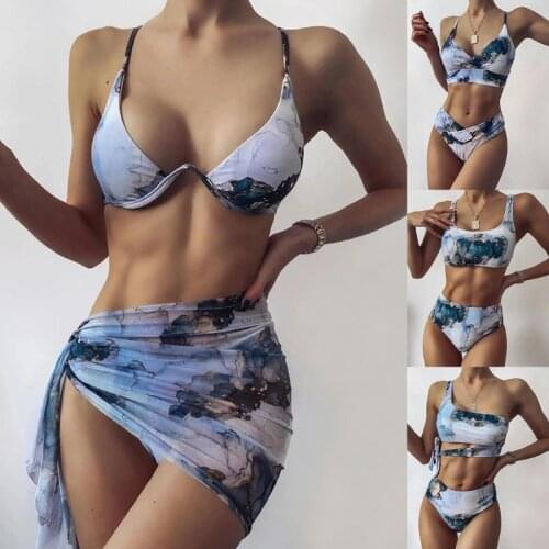 Women Sexy Bikini Set V-Neck Padded Swimsuit Tie-Dye Marble Print Bathing Suit