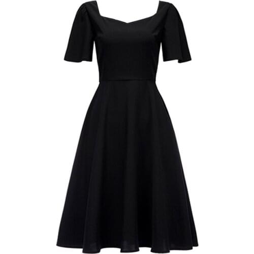 PERHAPS U Black Solid Square Collar Empire Short Sleeve Midi Dress Fit And Flare Vintage Summer D0508