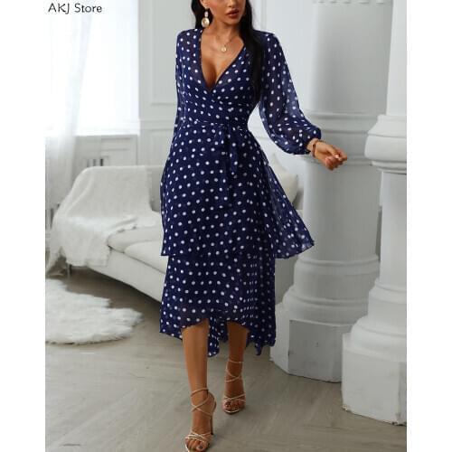 Women Long Sleeve Polkadot Print Layered Ruffles Maxi Dress