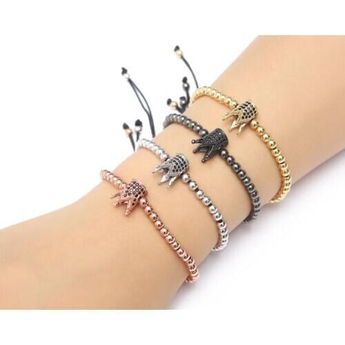 Gold silver micro pave cz Cubic Zirconia rope adjusted Copper Beads Bracelet urh3 Crown Charm Braided Bangles Women
