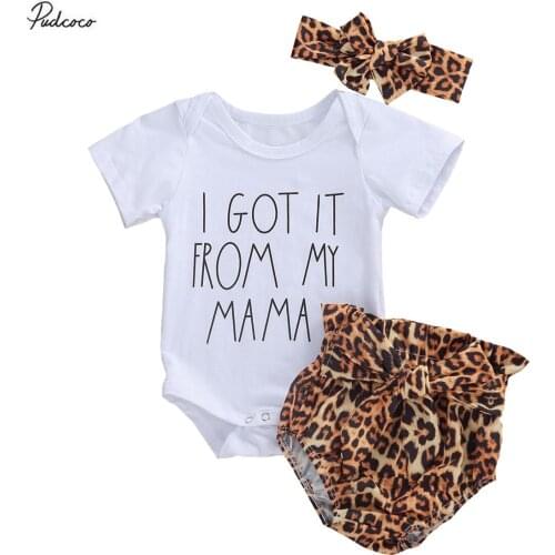 2020 Baby Summer Clothing Newborn Infant Baby Girls Romper + Lace Leopard Shorts + Headdress Letter Clothing Set