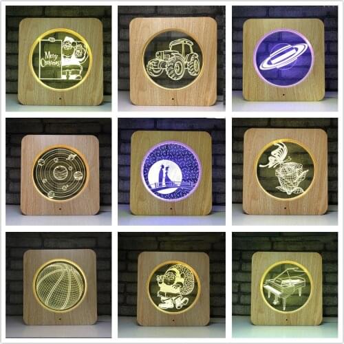 3D LED Night Light USB Remote Control 7 Color Table Lamp Wooden Grain Acrylic Desk Lamps Kids Birthday Gift Home Bedroom Decor