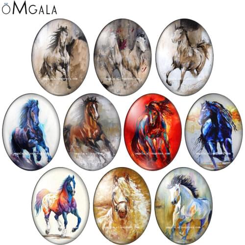 Watercolor Running Horse Animal Art Paintings 13x18mm/18x25mm/30x40mm Oval photo glass cabochon flat back Making findings