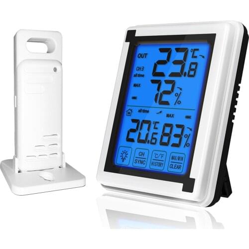 Wireless Indoor Outdoor Digital Hygrometer Thermometer Large LCD Display Touch Screen Weather Station Hygrothermograph + Emitter