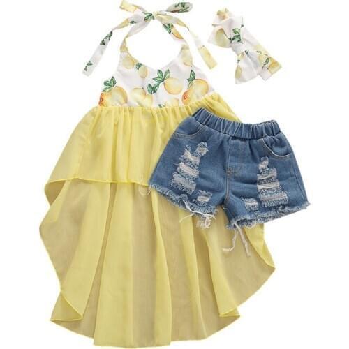 Pudcoco Fast Shipping 1-6Years Baby Girls Clothes Sets Yellow Lenmon Print Sleeveless Blet Lace Dress +Blue Denim Shorts Set