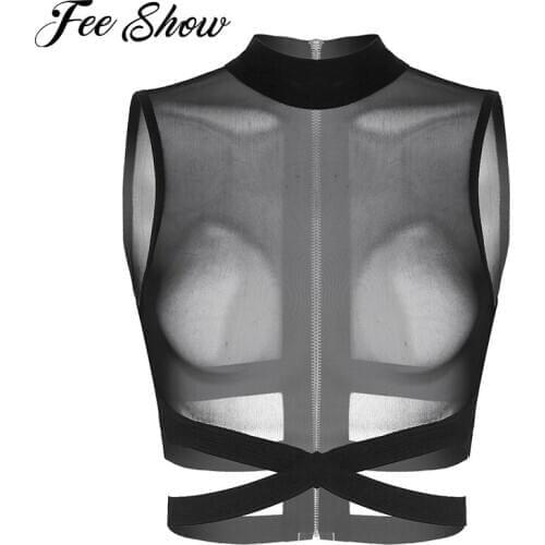 Black Women Sleeveless Sexy Tops Nightwear Transparent Sheer Mesh Zipper Back Criss Cross Exotic Tanks Top Shirts Rave Outfits