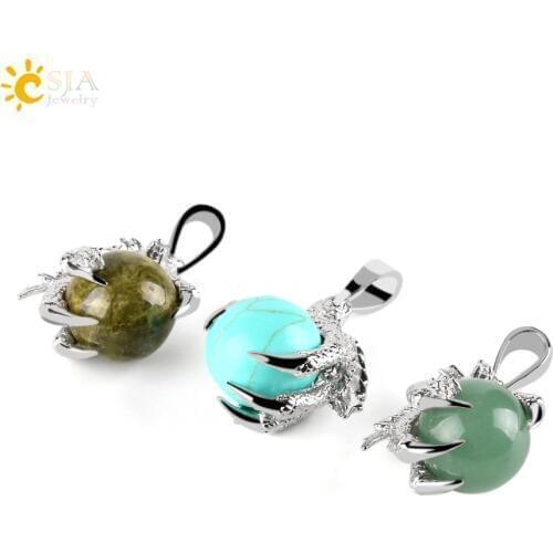CSJA Natural Stone Dragon Claw Pendants for Necklace Pink Quartz Tiger Eye Lapis Lazuli Green Aventurine Reiki Jewellery E455