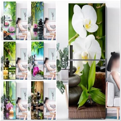 Flower Printed Refrigerator Door Sticker Green Bamboo Natural Scenery Wallpaper For Kitchen Living Room Fridge Freezer Covering