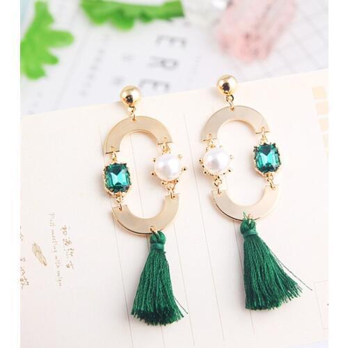 Elegant Metal Circle Charm Pearl Rhinestone Long Tassel Pendant Drop Dangle Earrings Vintage Fashion Jewelry For Women 5I3011