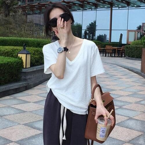 Solid T-shirts Women Summer New Fashion Sexy V-neck Loose Simple Temperament Ulzzang Leisure All-match Short Sleeve Female Tops
