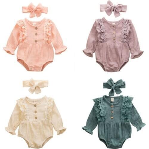 Spring 2PCS Newborn Infant Kid Baby Girl Long Sleeve Cotton Linen Lace Flower Bodysuit Jumpsuit Playsuit +Headband Clothes 0-24M