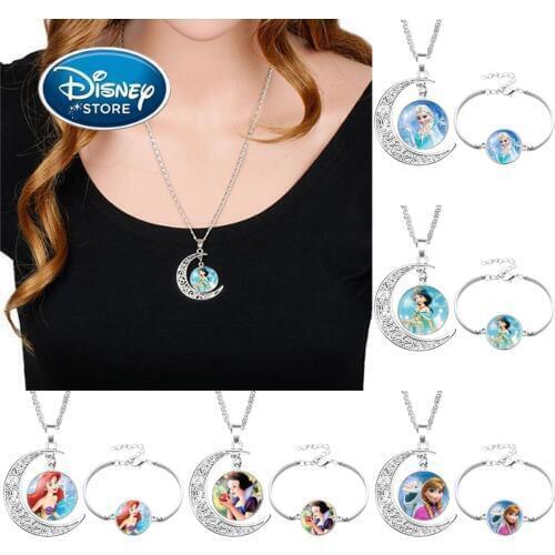 Disney Classic Cartoon Princess Frozen Suit Gemstone Elsa Anna Alloy Bracelet Necklace Set For Girl Fashion Dress Up Toy Jewelry