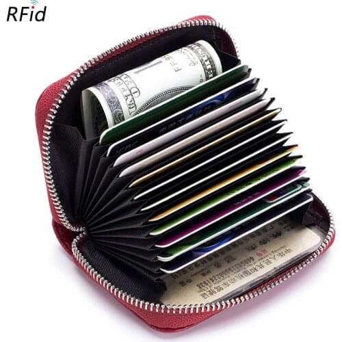 Genuine Leather Credit Card Holder High Quality RFID Protection Women Men 12/24 Cards Bag Zipper Small Change Coins Purse
