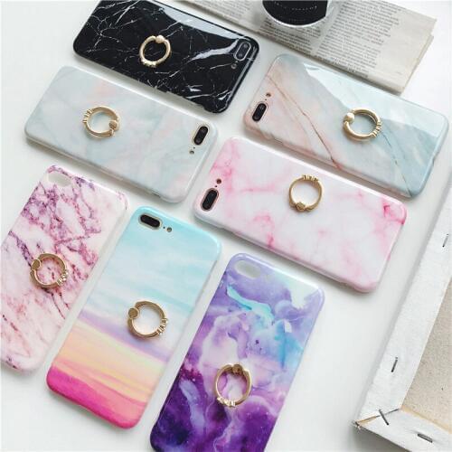 Fashion Glossy Silicone Marble Case For iphone XR XS Case Diamond ring Stand Holder Phone Case For iphone 6s 6 X 7 8 Plus Soft