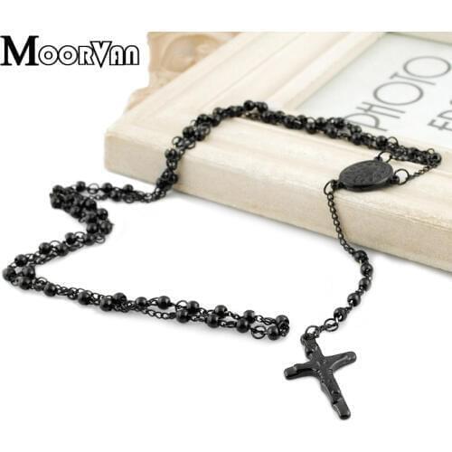 Moorvan 65cm long necklace women stainless steel necklace rosary religious beads jewelry with pray cross mens VRN24