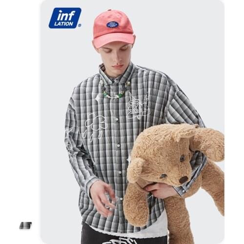 INFLATION Streetwear Long Sleeve Shirts Men 2021 Fashion High Street Oversized Plaid Shirts Male Casual Buttons Up Shirt 7025W21