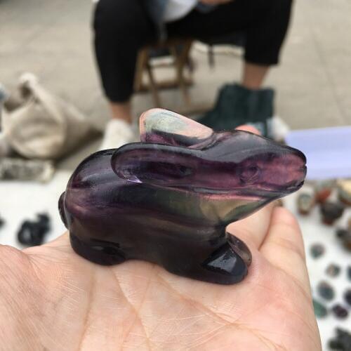 Natural rainbow fluorite quartz carved crystal rabbit statue crystal animal