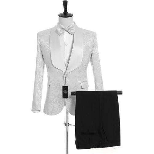 New Arrival One Button White Embossing Groom Tuxedos Groomsmen Shawl Lapel Mens Suits Blazers (Jacket+Pants+Vest+Tie) W:1241