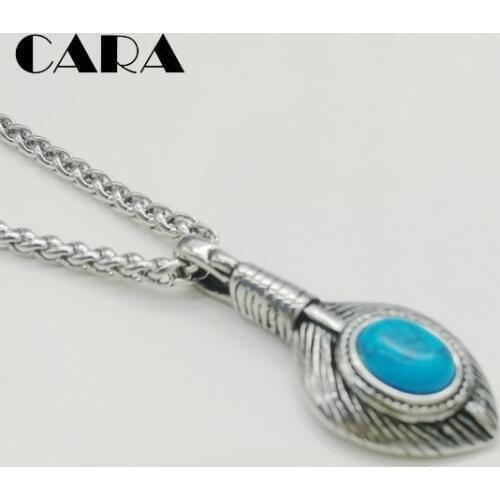New Vintage small Featherhip hop necklace stainless steel Indian style blue stone feather necklace with box CAGF0439