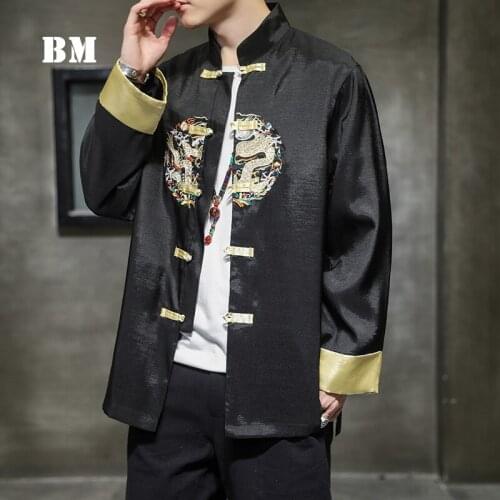 Spring Autumn Fashion Chinese Style Stand-Up Collar Ice Silk Jacket Men Clothing Plus Size Dragon Embroidery Tang Suit Male