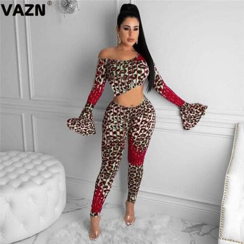 VAZN New 2020 Casual Sexy Slash Neck Two Piece Set Print 2 Piece Set Women Full Sleeve Full Pant Autumn Sets